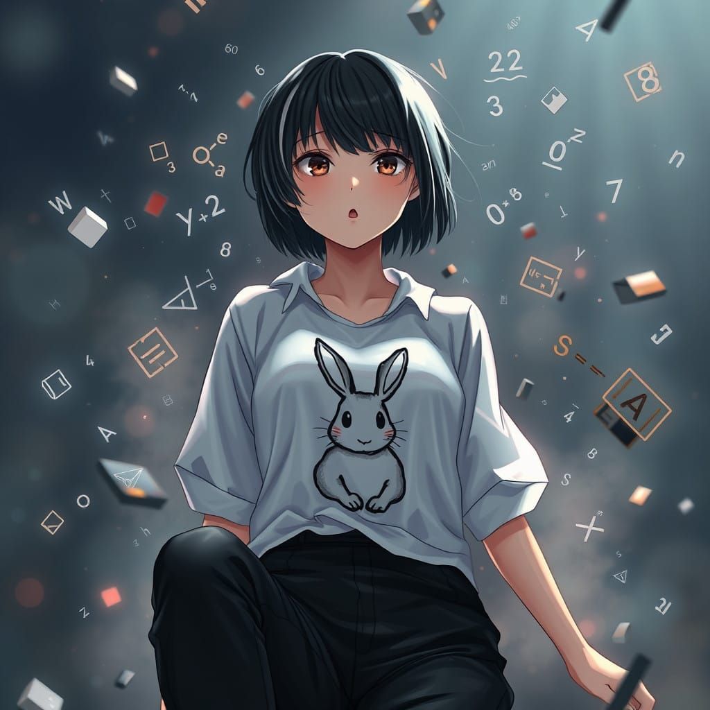 Anime Woman Surrounded by Math Formulas in a Fantastical Lan...