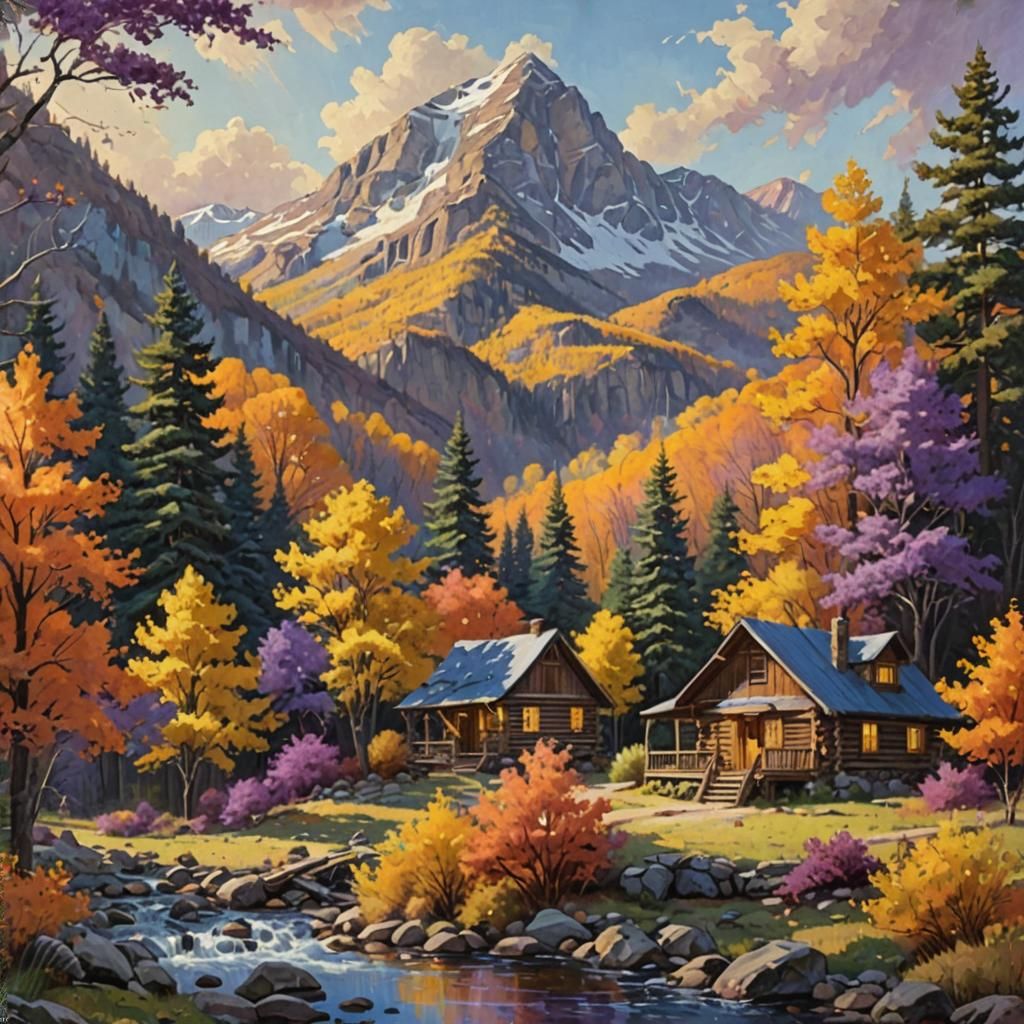 A blue sky, mountain, trees, a cabin in the woods,  impressionistic, hyperrealistic ...  by @Tilted25