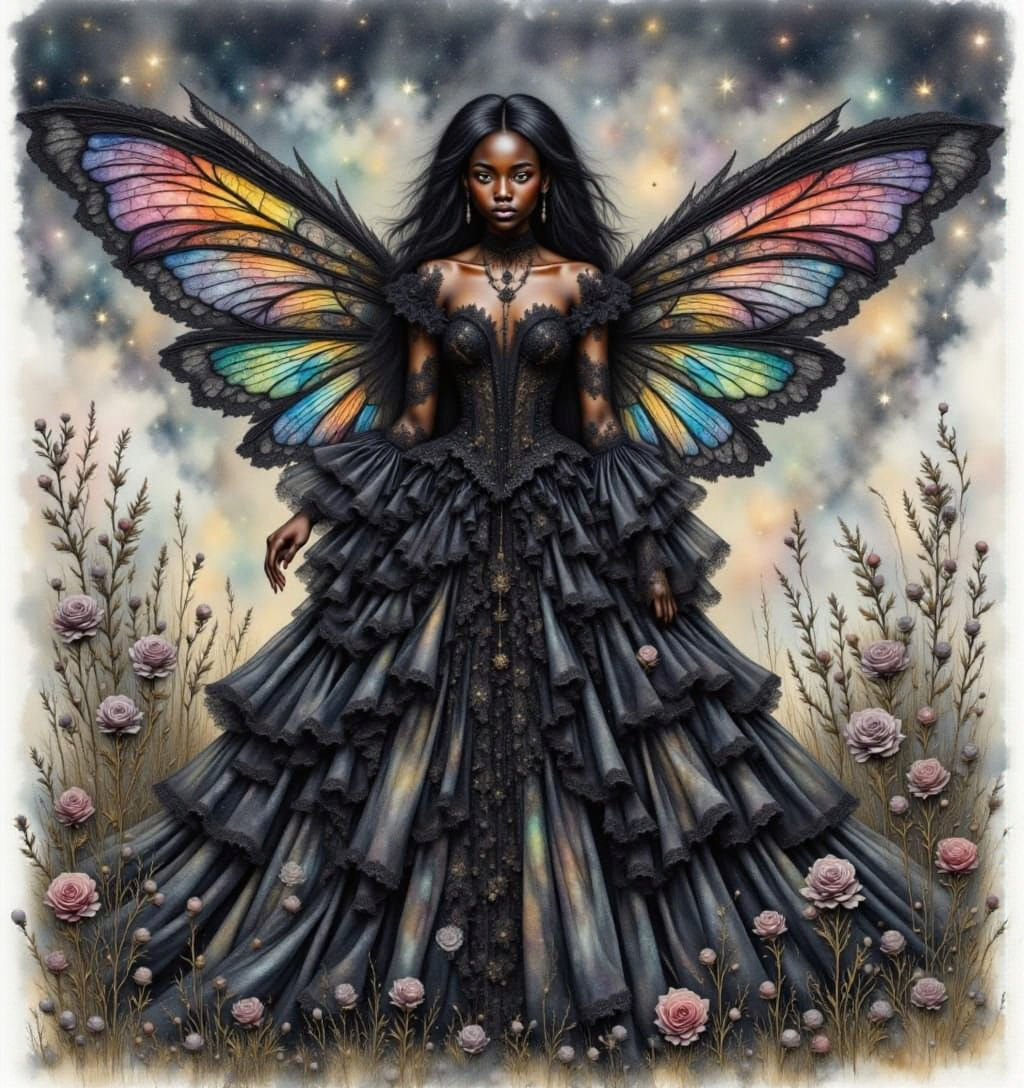 <lora:Dress Intensity:1.0> Watercolor dynamic drawing fantasy of an African goth woman fairy with wings in a black rococo ball gown with rai...