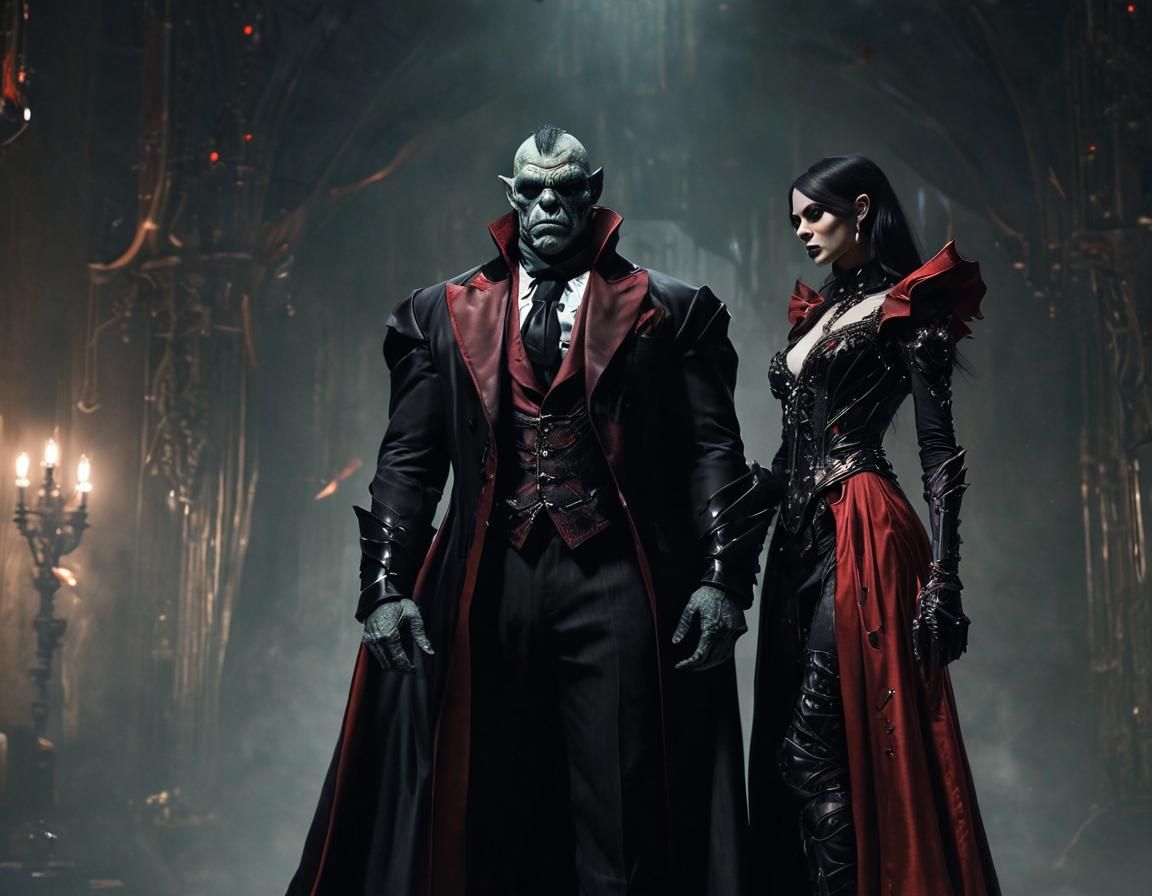 orc and vampiress in formal evening wear in the style of HR giger  by @MK Thunderstone