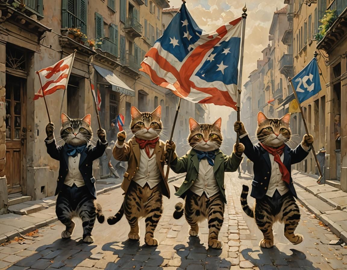 Cynus Cuneo painting, four cats, holding up the flag of cats ...