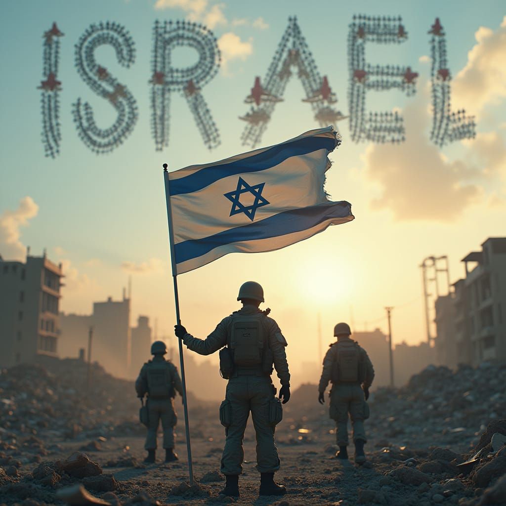 Soldiers Stand Tall Under Israeli Flag with Gaza Ruins and F...