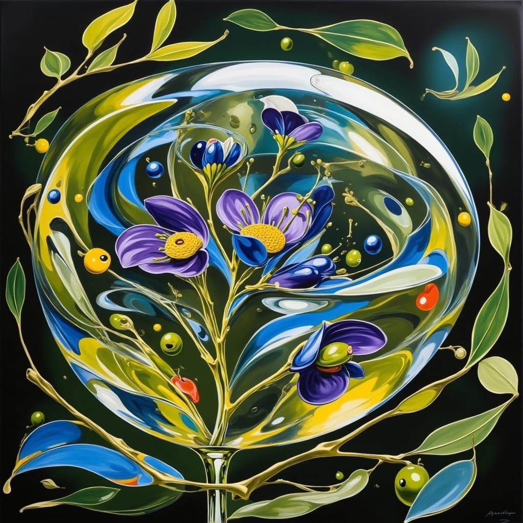 <lora:OLIVE OIL:1.0> Glass brain surrounded by floral leaves 