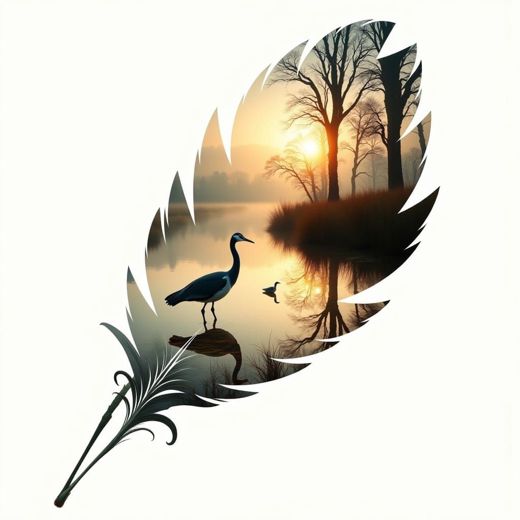 <lora:overlay:1.0> <lora:inlaid:1.0> The outline of a peacock feather consists of a sunlit panorama of a early morning on the river with ree...