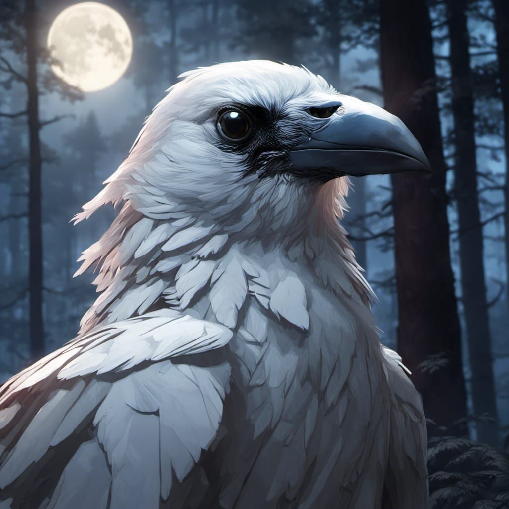A white raven in the forest at night under the moonlight