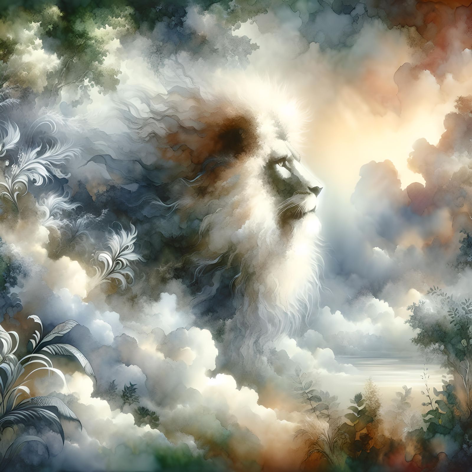 A water colour of a full front facing lion, uffy main, jungle behind the l, in the style of a water colour. ...  by @Irene