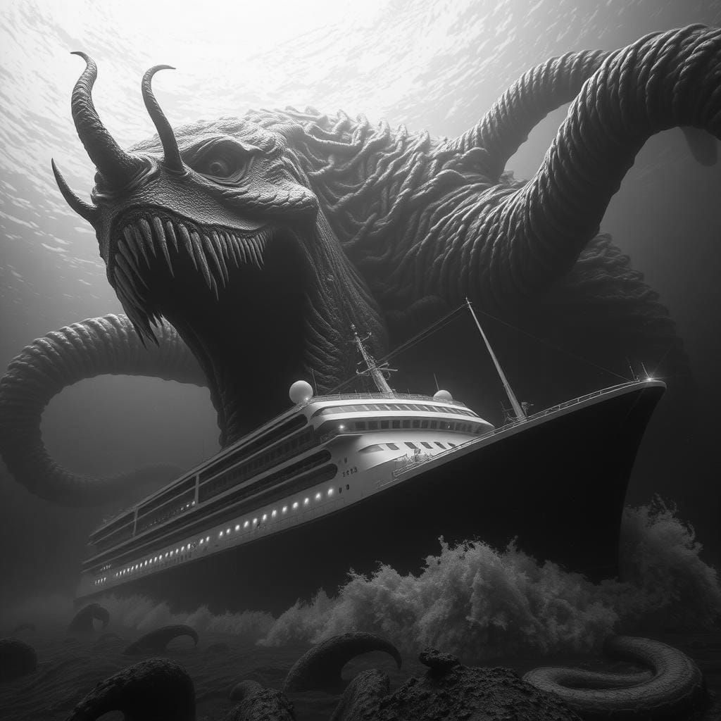 Scary horror art creation of an evil gargantuan sea monster ...