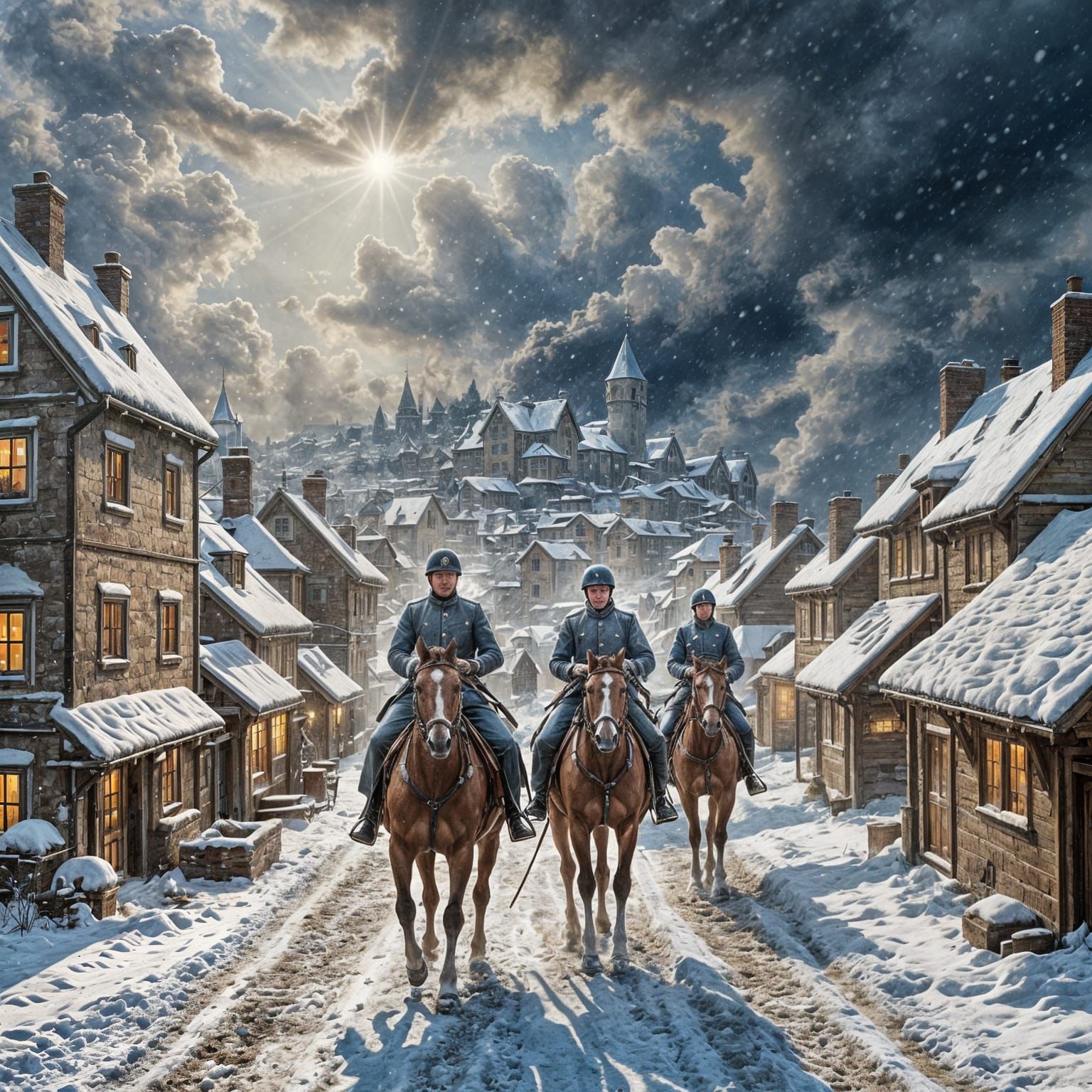 Horses Enter Snowy Village: Magical Watercolor