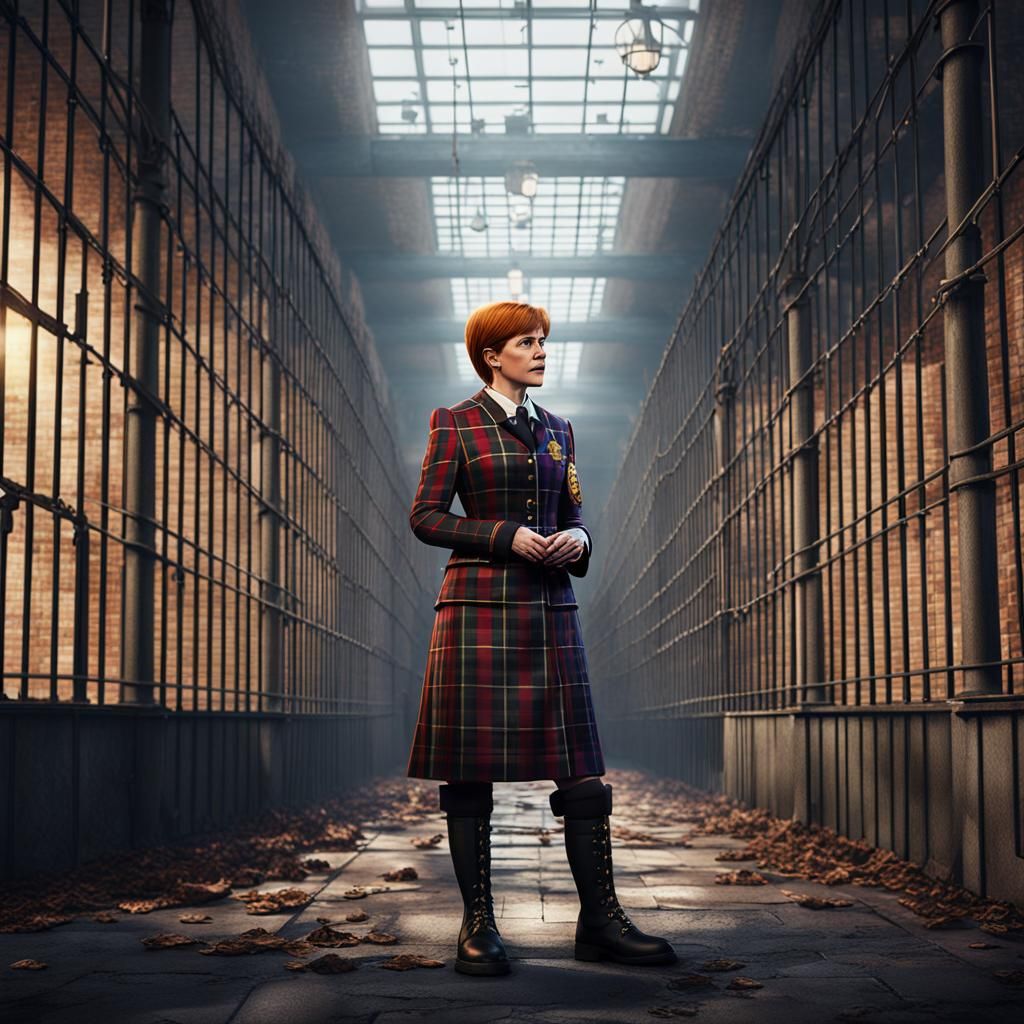 Nicola Sturgeon is a tall woman wearing a tartan prison unif...
