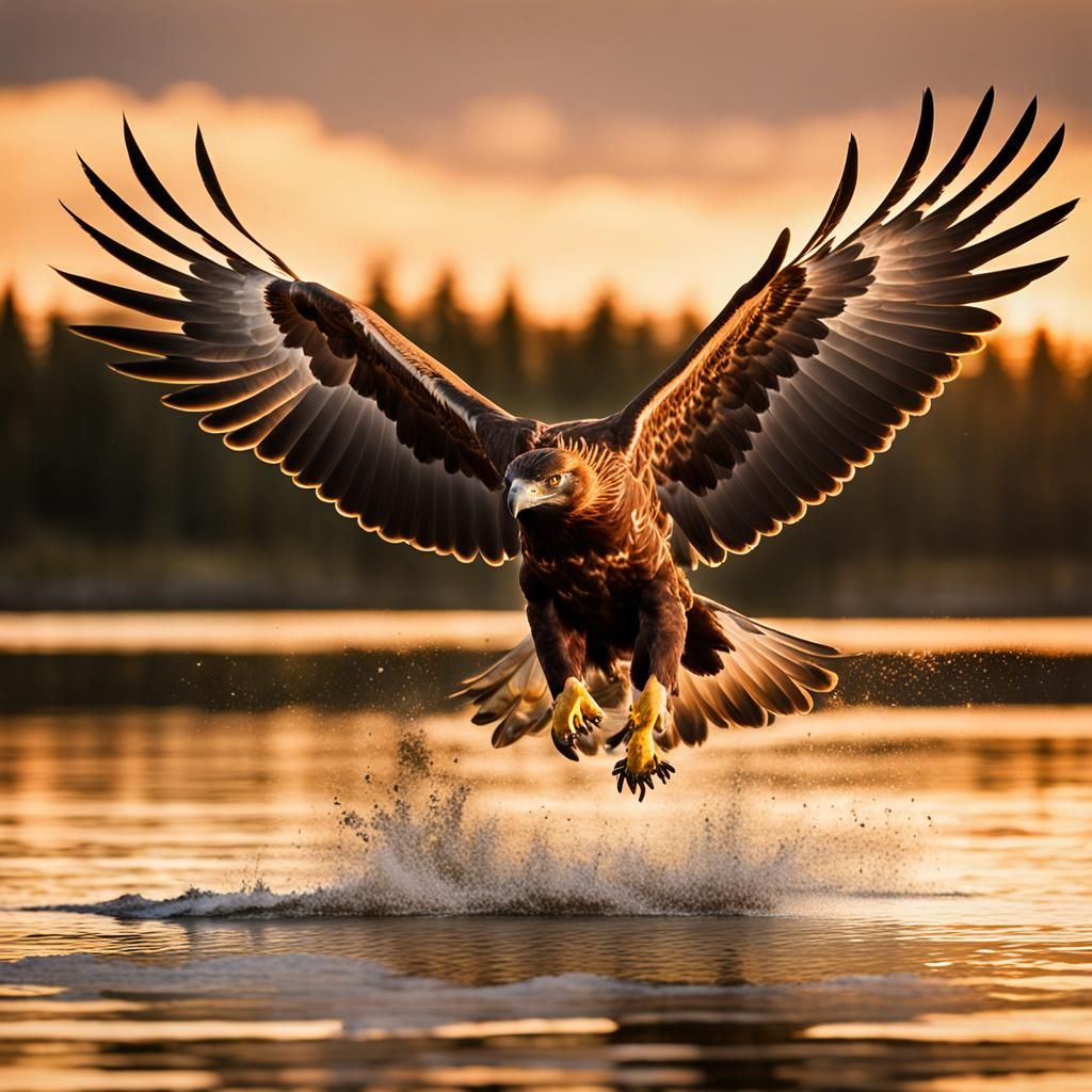 A hyper-realistic, ultra-detailed photograph of a golden eagle flying over a lake at sunset, the golden eagle has a movement effect on its w...