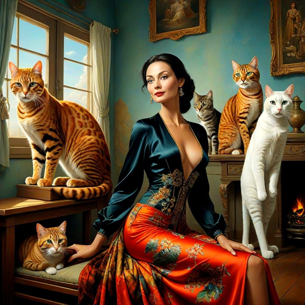 Sophisticated Women in Whimsical Surrealist Scene with Overs...