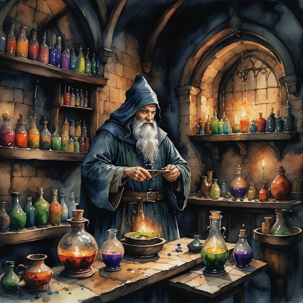 Wizard mixing potions in a dimly lit medieval lair dark moody ...