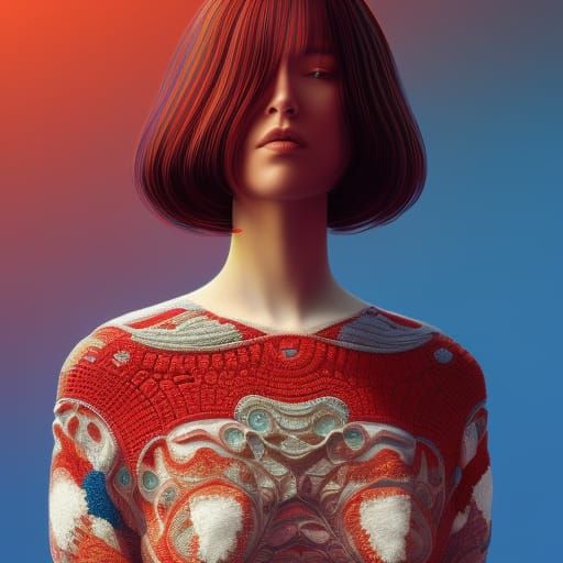 Bob  cut hair beautiful dreaming woman  with kenzo  multicol...