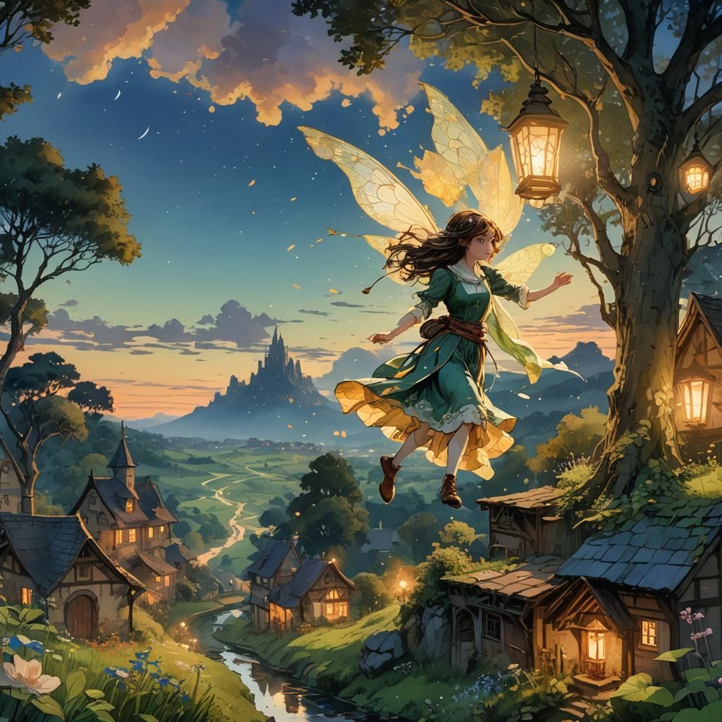 Fairy flying over the country (light at dawn:1.9) (watercolors:1.9) 8k resolution concept art by Moebius Gustave Courbet dynamic lighting hy...