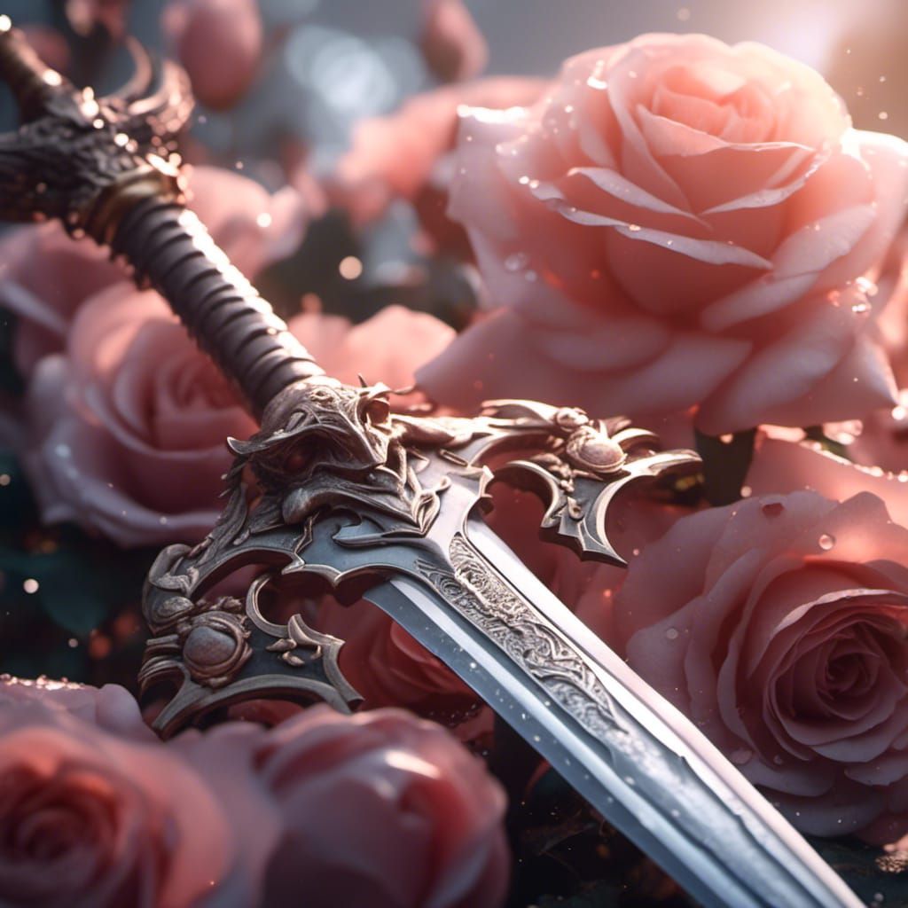 Runed Sword Among Dewy Roses in Ultra HDR
