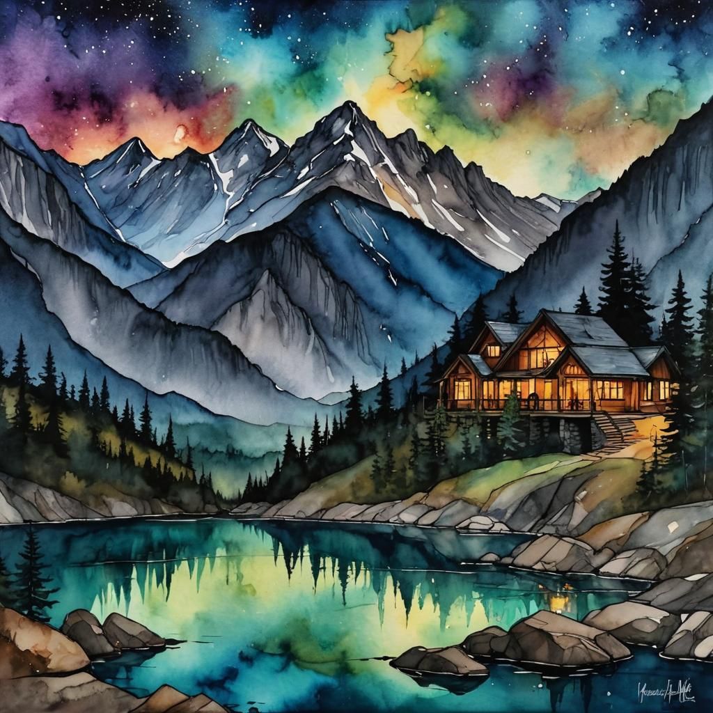 mountain resort alcohol ink nightscape  by @Pjrockey