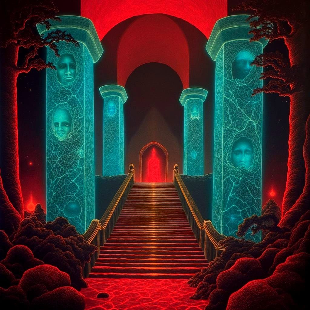 Gothic Cathedral with Glowing Waterfalls and Ancient Pillars