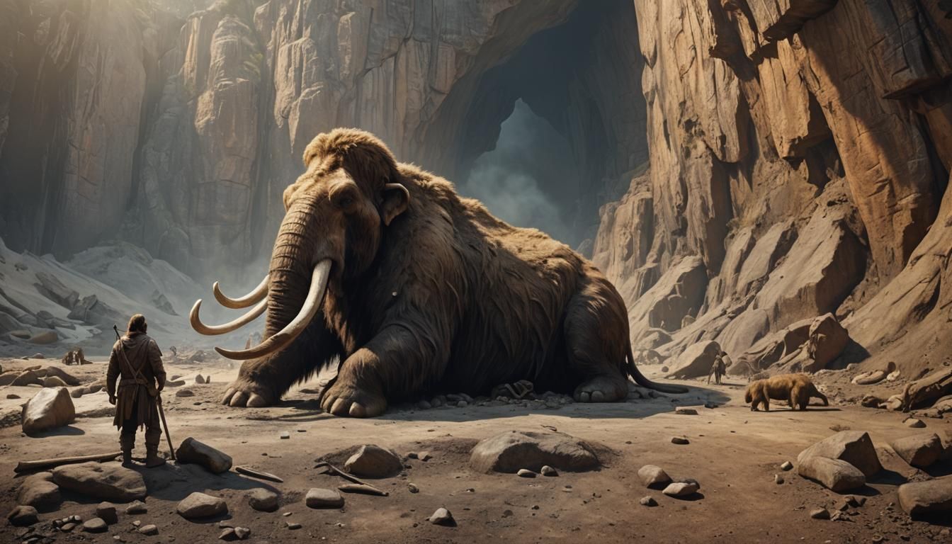 a dead mammoth lies near the cave, a man stands on top of a ...