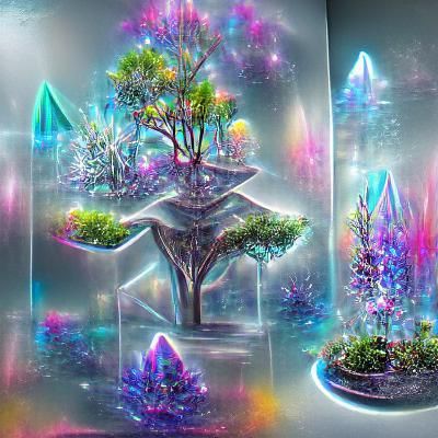 Crystal tree and plant forest in a garden