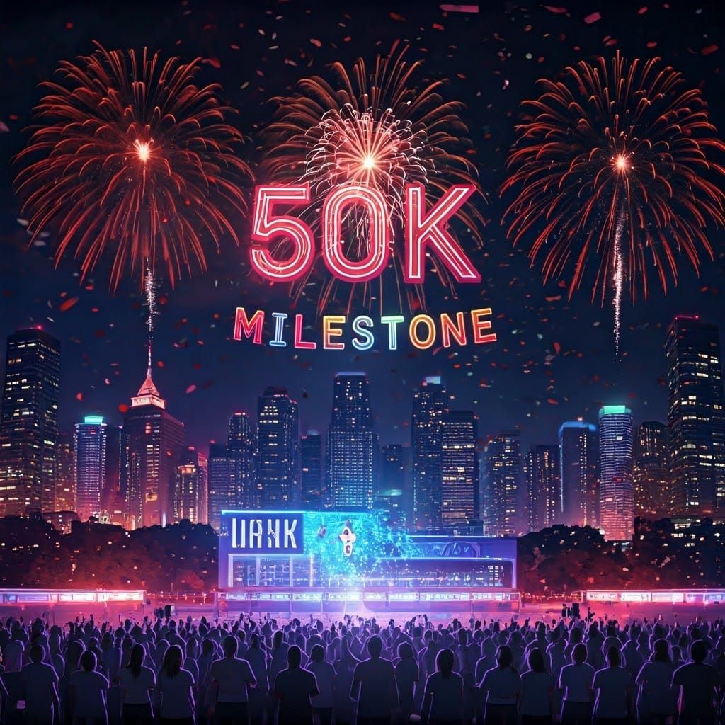 (a banner in the sky that spells out "50k MILESTONE":1.4) A vibrant city skyline at night, illuminated by a dazzling display of 50K firework...