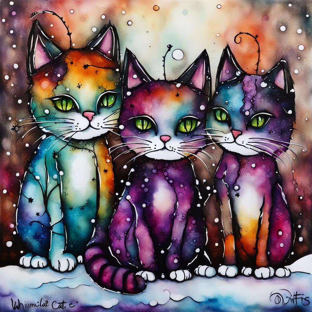 Cats ,whimsical Misfits Little Cats At Winter Time, Alcohol Inks 