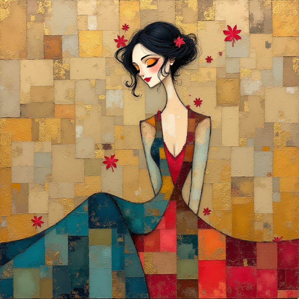 Dancer in Gustav Klimt and Lucy Grossmith style, illustration, translucent, teal, crimson, gold, autumn colours, (mixed media collage:1.2), ...