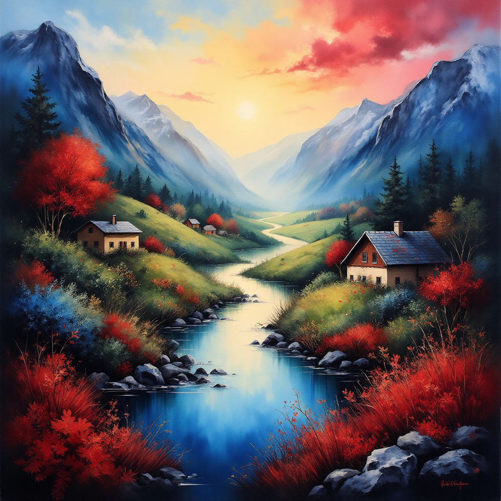 Painting of a Switzerland river valley