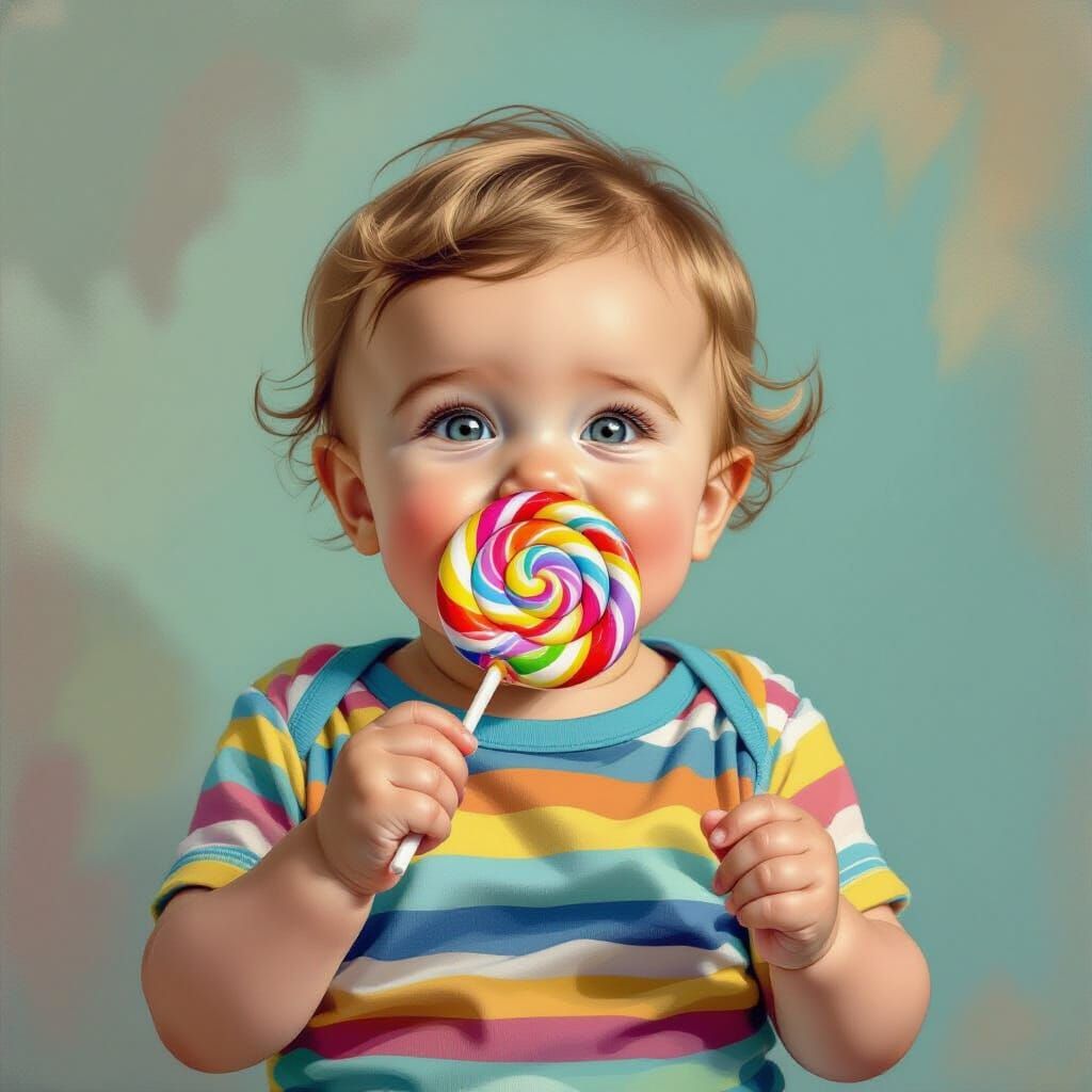 Baby Eats Giant Colorful Lollipop in Hyper-Detailed Style