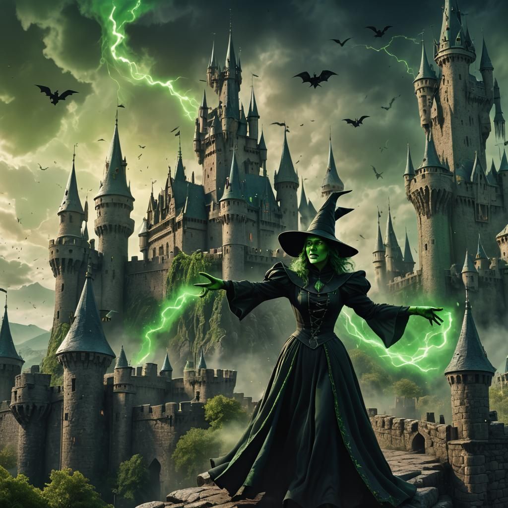 A beautiful wicked witch with a green face dressed in black ...