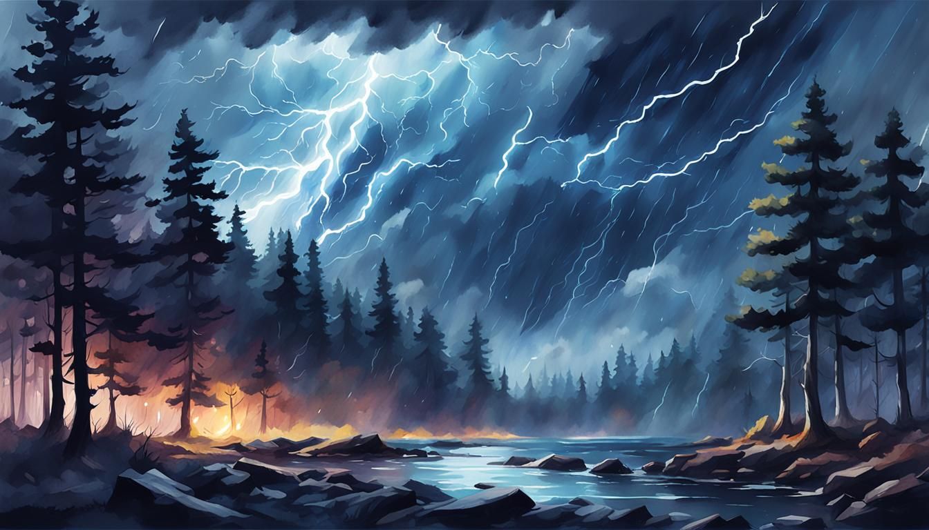 Stormy Night Sky Lit by Lightning: Watercolor Painting