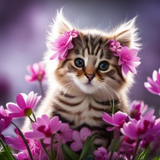 Kitten playing in flowers - AI Generated Artwork - NightCafe Creator