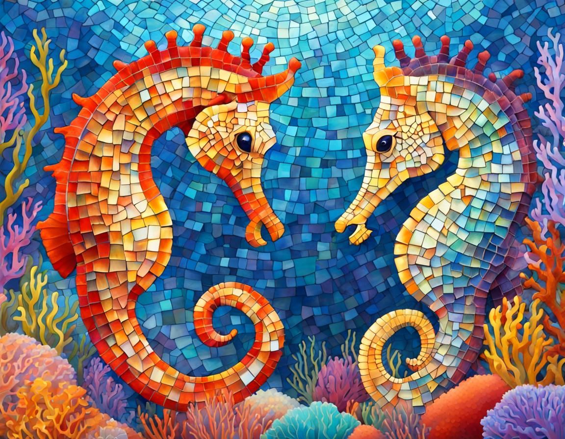 Mosaic of two seahorses in love hovering over a coral reef  by @Michael