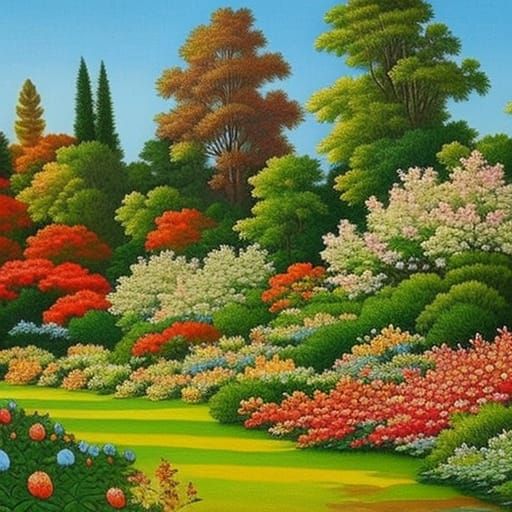 depicts a majestic garden in bright colors. The paintings sh...