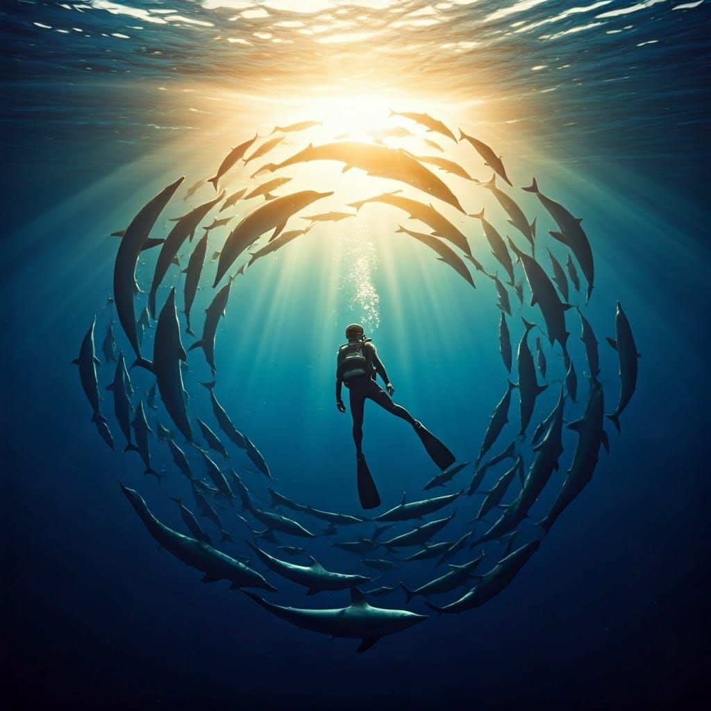 Submarine view of dolphins swimming in circle in the blue ocean