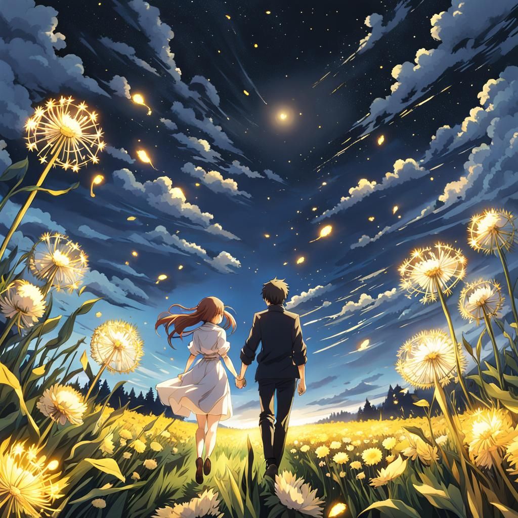 There's a young woman and young man holding each other's hand in a field of dandelions at night while walking