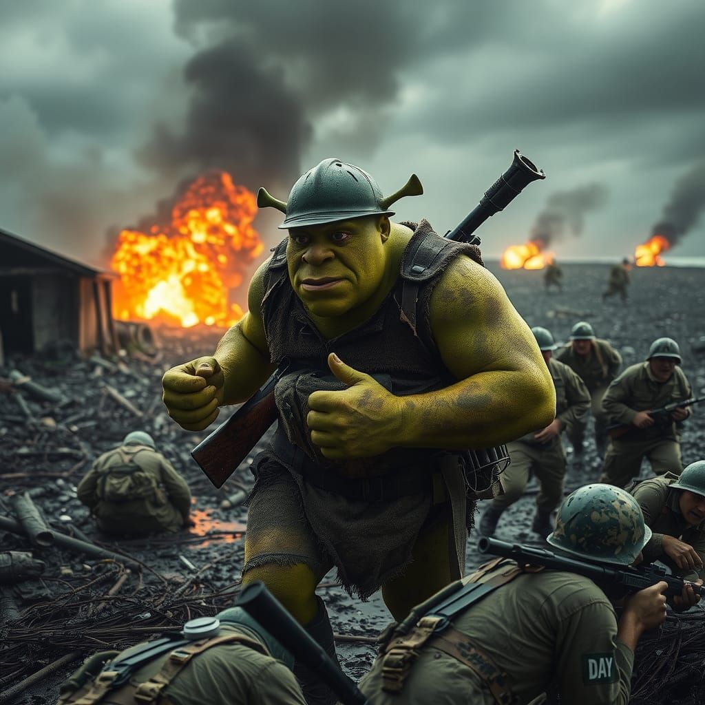 "Shrek landing on Normandy beach on D-Day, dressed in WWII soldier gear with a muddy, intense battlefield scene. Shrek stands determined amo...