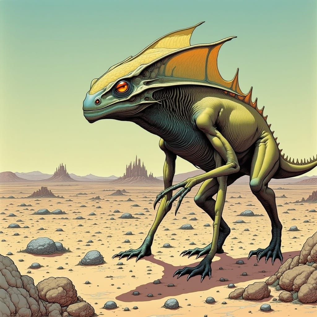 A strange creature on an alien planet, illustration by Moebius, highly detailed, correct anatomy and proportions  <lora:MObius Flux:1.0> 