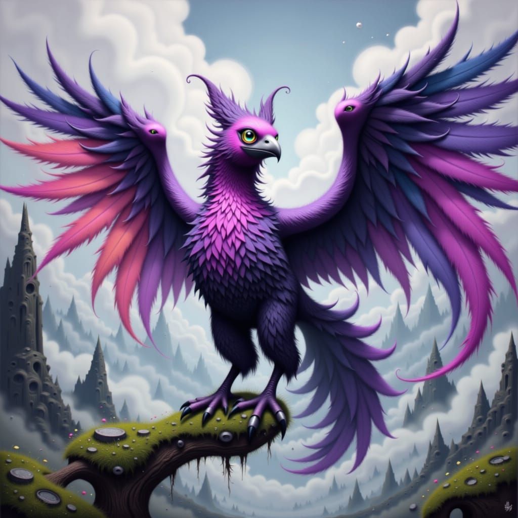 Split image. A fantasy creature shown in both peaceful and fierce forms. On one side, a majestic griffin with soft feathers and gentle eyes,...