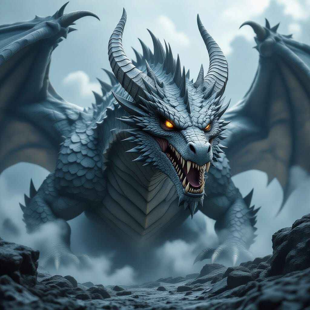 The image features a Ultra-realistic fierce dragon with a highly detailed and textured appearance. Its head is large and imposing, displayin...
