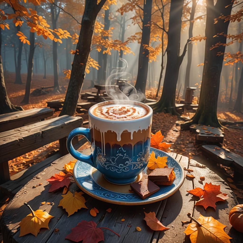 Pumpkin spicy cake , hot chocolate, falling leaves, autumn 