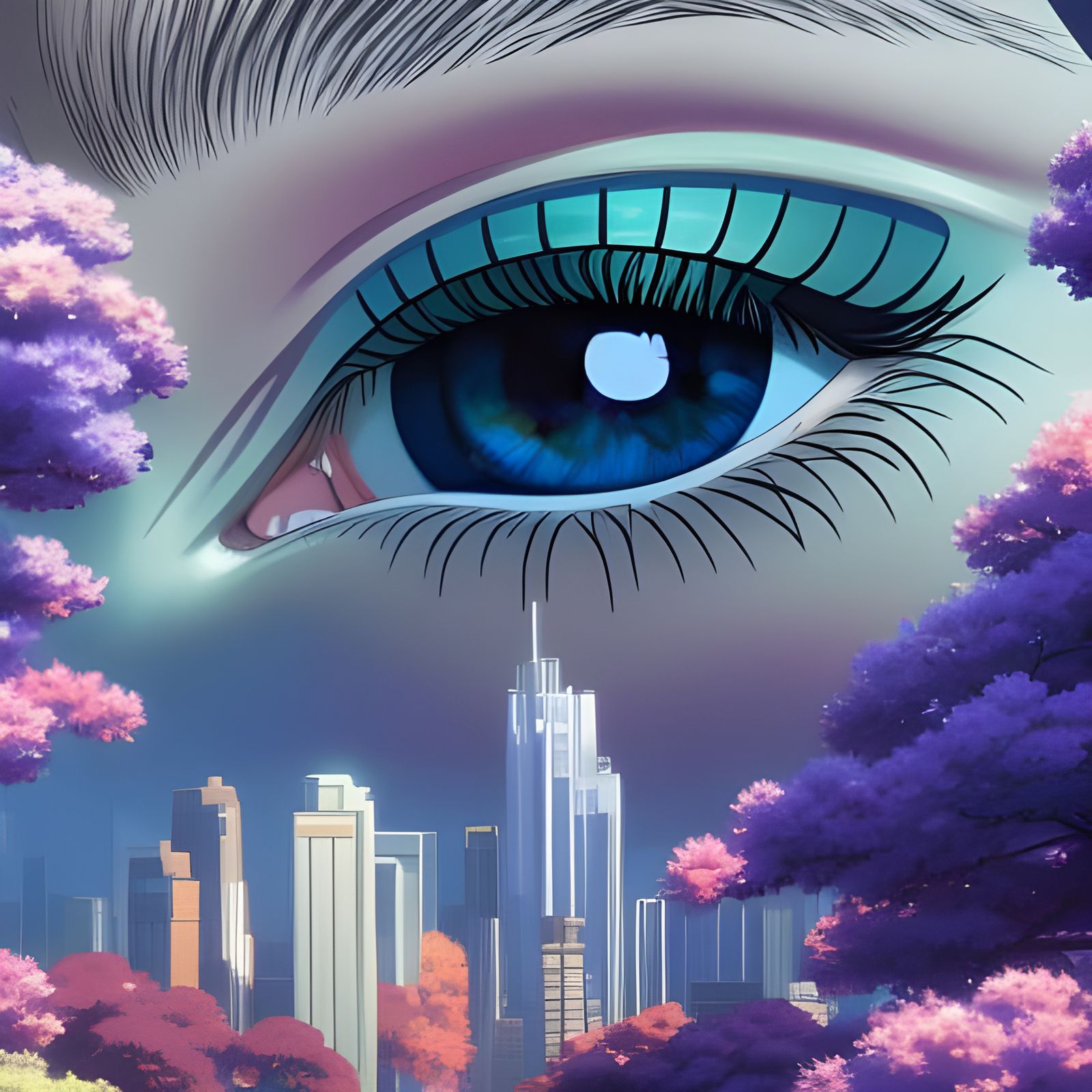 Giant Eye Over Coastal City, Ghibli Anime Style