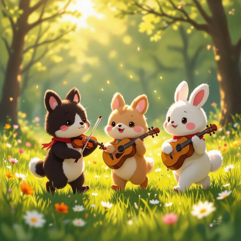 Adorable Animal Musicians Strolling Through Sunny Meadow