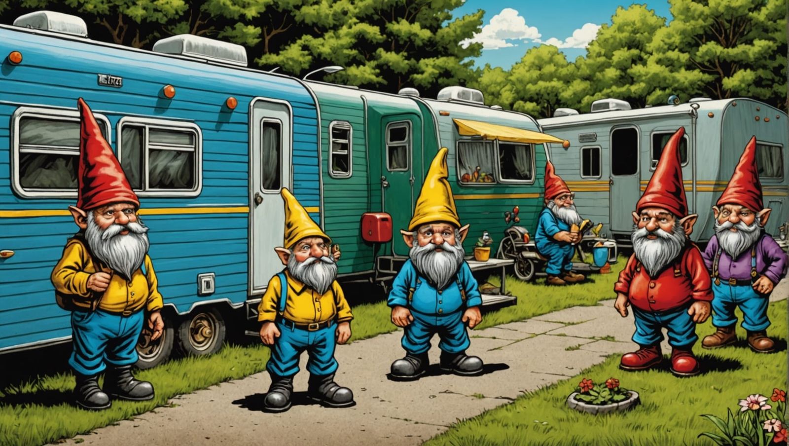 Robert Crumb style Gnomes in the Trailer Park