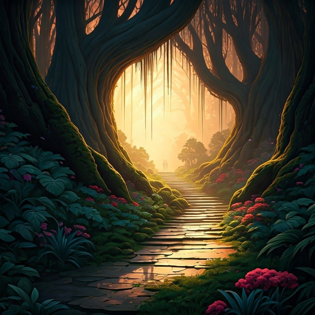 Mystical Ancient Forest in Detailed Matte Painting Style