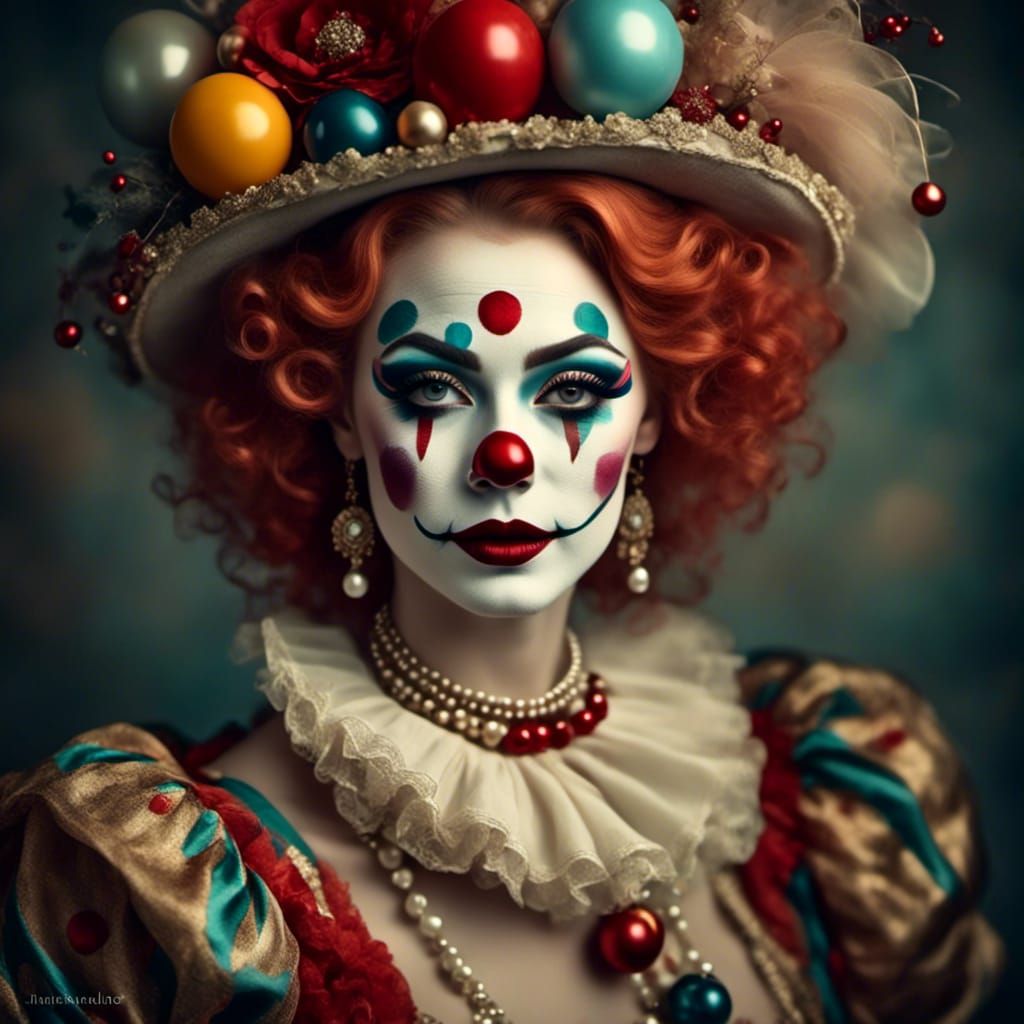 Glamorous Clown Girl in Vintage Photo Style