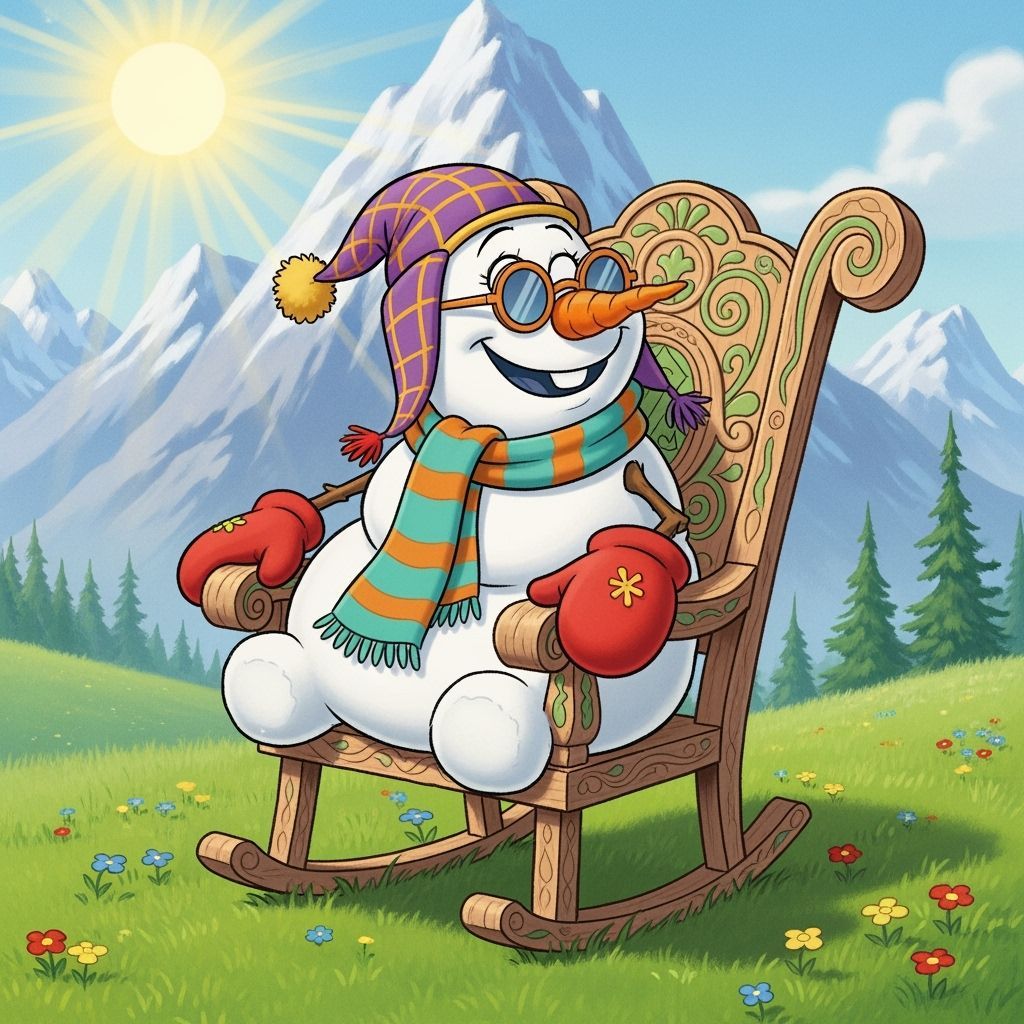 Cheerful Snowman in Sunny Meadow, Whimsical Animation Style