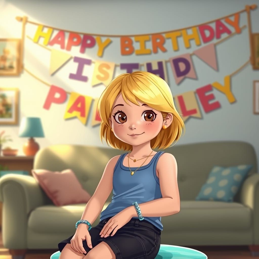 There is a girl in the living room with a birthday banner hanging behind her that says Happy Birthday Paisley. The girl is wearing a blue ta...