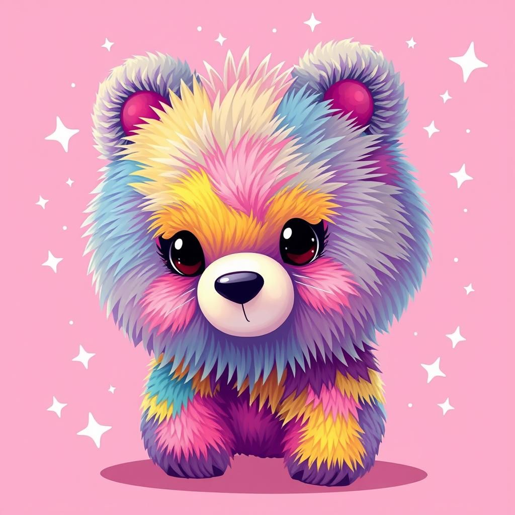 Fluffy Patchwork colourful neon rabbit cartoon pink background stars