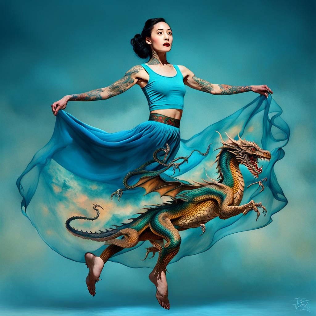 Surreal Flying Dragon with Tattooed Legs