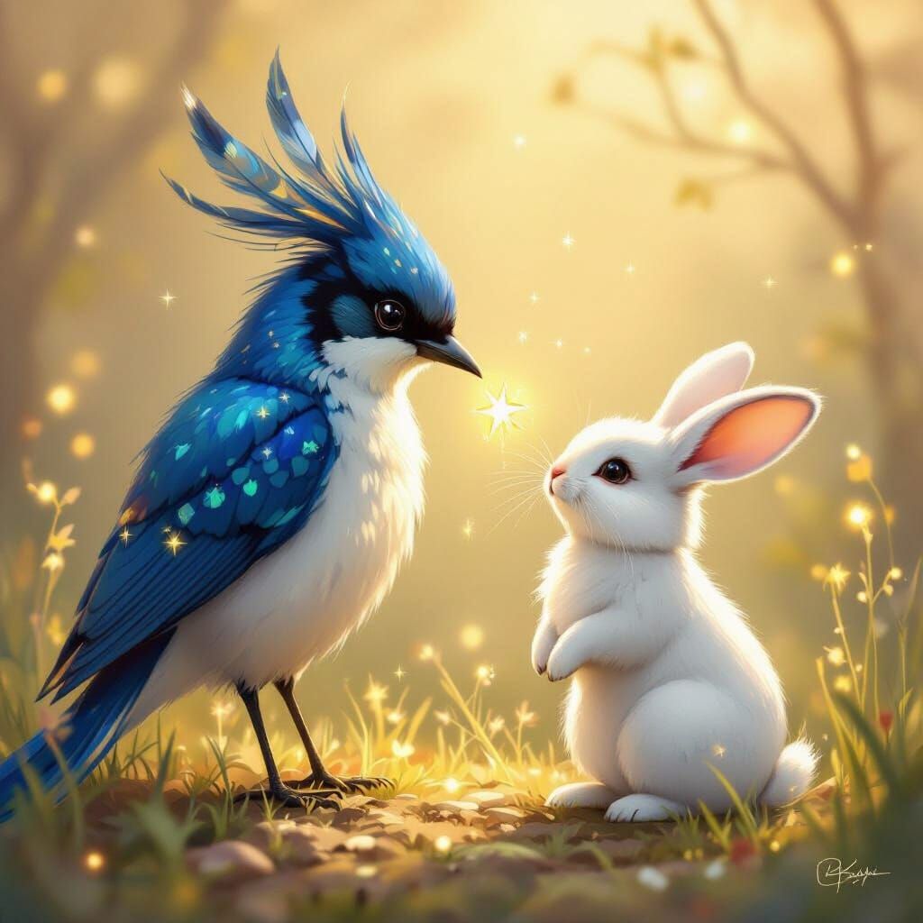 Magical Blue Bird Gives Star to Happy Rabbit